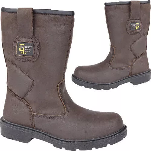 Mens Leather Safety Mid Calf Steel Toe Cap Waterproof Rigger Pull On Work Boots