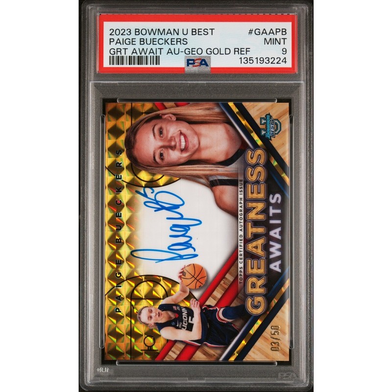 2023 Bowman U Best Paige Bueckers G/A Autographs Geo Gold Refractor PSA 9 /50