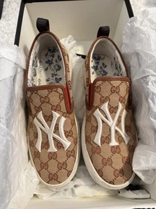 BASKETS GUCCI HOMMES À ENFILER NY YANKEES PATCH GG CHAUSSURES EN TOILE 7 G US 8