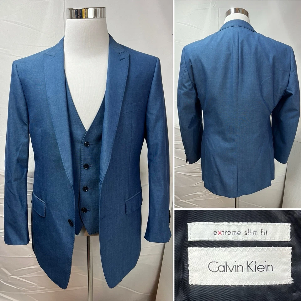 Calvin Klein Extreme Slim Fit Men's 44R Blazer 33x28 Pant Vest Blue 3-Piece Suit - Image 3 of 4