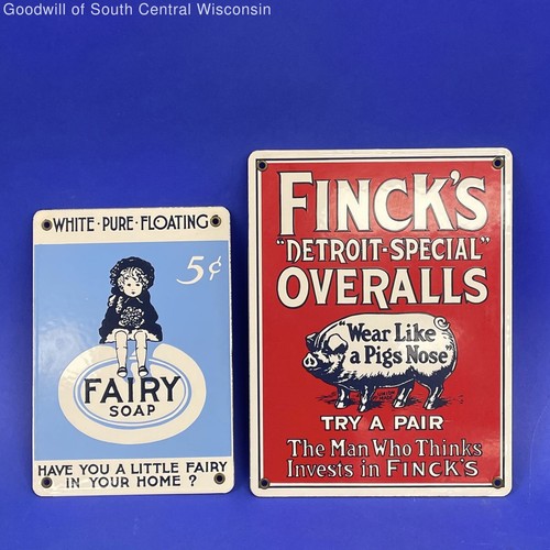 Porcelain Enamel Metal Reproduction Sign Pair for Fairy Soap & Finck's Overalls