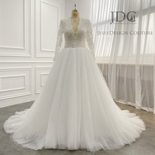 Illusion Corset White Lace Wedding Dress Bridal Gown 32-60 Plus Size Long Sleeve