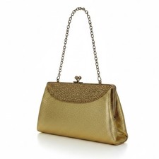 Vintage 1950s Gold Evening Bag Women Small Metallic Glitter Clutch Chain Strap