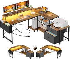 L Shaped Corner Computer Desk with LED Lights, Storage & Drawers, 135 x 125 c...