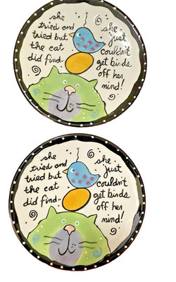 With Love Joanne Pair of 10'' Dinner Plates Cat Bird  Can't get birds off mind''