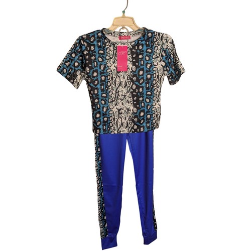 NUOVO Mundefeis 2 pezzi vestito tempo libero blu nero serpente stampa animalier Jrs XL joggers - Foto 3 di 8