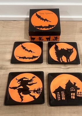 MWW Market Halloween Ceramic Mini Plates Set Of 4 Silhouette Witch Cat House