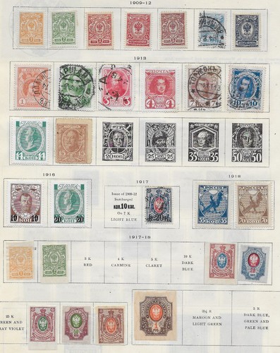 28 estampillas de Rusia de álbum antiguo de calidad 1909-1918