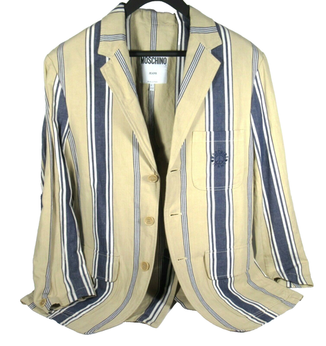 Moschino Vintage Men's Blazer Regatta Stripe Khaki 90's Made in Italy Size IT 48 - Picture 1 of 7