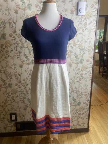 Boden Ladies Linen Blend Blue Striped Short Sleeve Dress Size 8 Nautical Lined - Picture 2 of 10