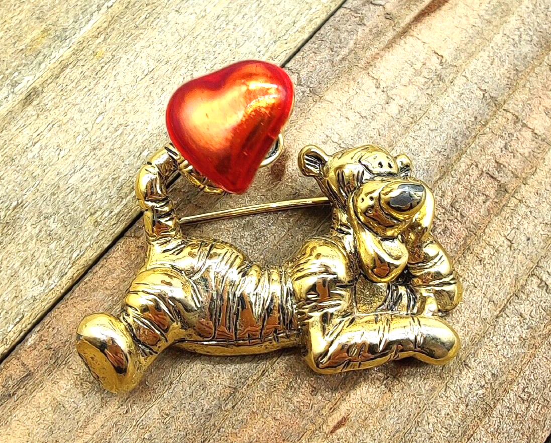 1990s Disney Tigger Love Brooch Pin Trembler Heart Red Enamel Gold