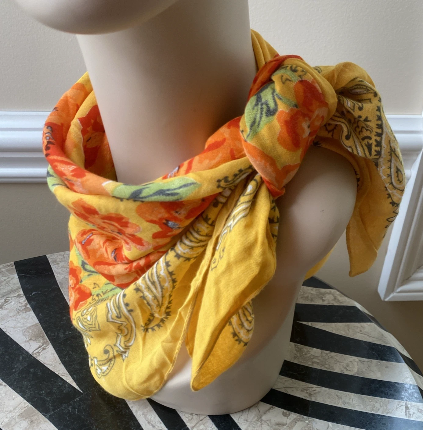 Vintage Adrienne Vittardini Scarf Yellow Orange Flower Hippie Boho 30” Carre