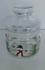 Vintage Frosted Glass with Lid Christmas Winter Scene Candy Jar Canister  5"
