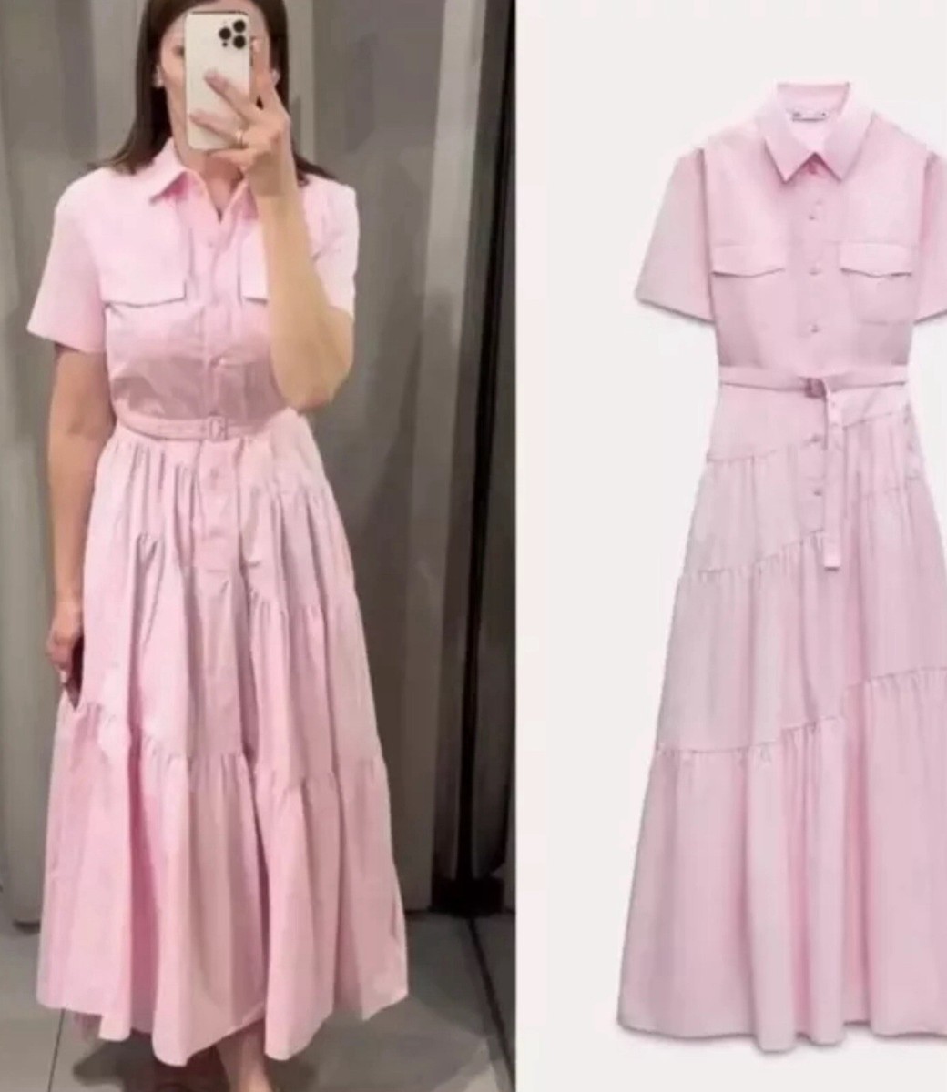 ZARA SS24 NEW MIDI BELTED POPLIN SHIRT DRESS LIGHT PINK S ZARA SS24 NEW MIDI BELTED POPLIN SHIRT DRESS LIGHT PINK S