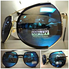 Men or Women OVERSIZED VINTAGE RETRO Style SUNGLASSES Black Gold Frame Blue Lens
