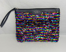 Victoria's Secret Rainbow Sequin Makeup Bag Clutch Black Faux Leather 8”x10”