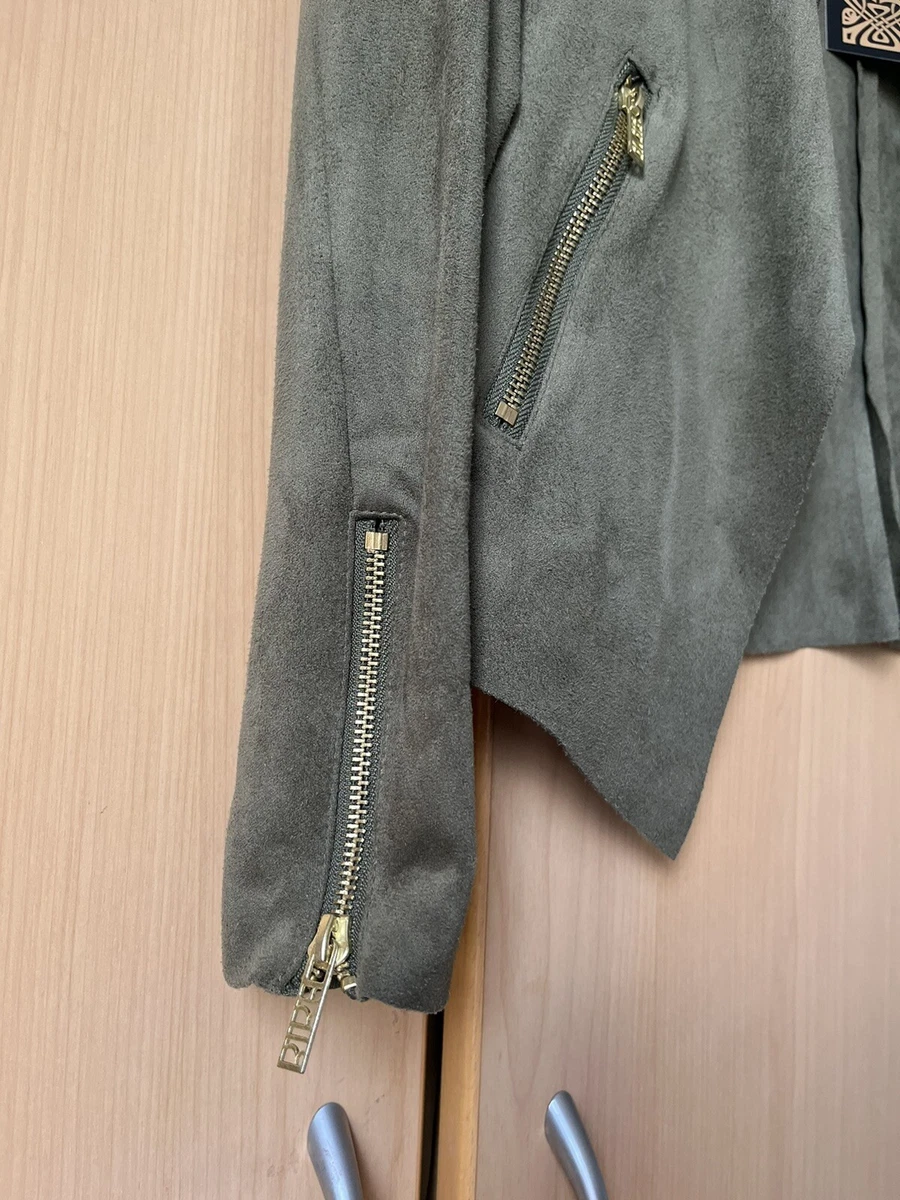 BIBA Jacket Womens UK 10 Green Khaki Suedette Waterfall Open Gold