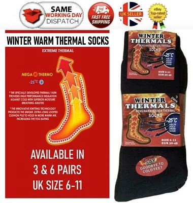 MYT 3 & 6 Pairs Mens Black Warm Thermal Socks Winter Outdoor Work Thick Heavy Duty