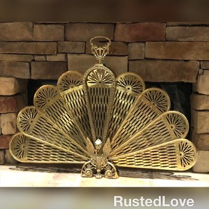 Vintage Brass Fireplace Screen Gargoyle Peacock Folding Fan Hearth
