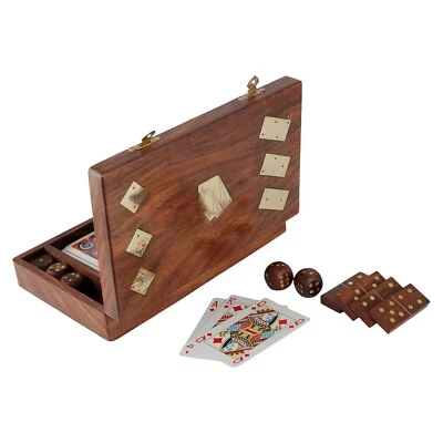 Boîte à cartes à jouer en bois avec jeu de dés et dominos 3 en 1 - Photo 1/4