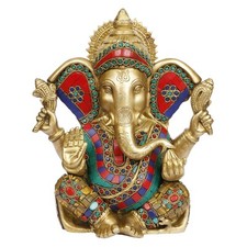 Brass Ganesha Idol Big Ganesh Statue Murti God Ganpati with Multicolor Stone 11"