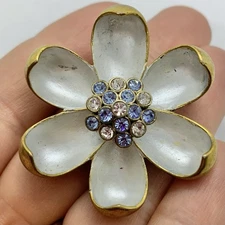 Vtg Boho Sculptured Enamel Flower Brooch Blue Crystal Pearlescent White Gold Tn