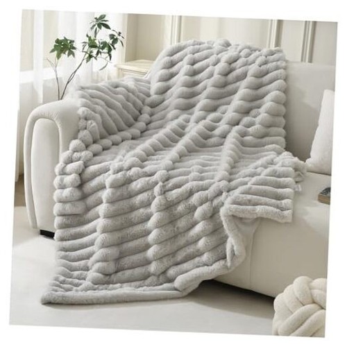 Cozy Light Gray Faux Fur Throw Blanket 50x60 Inches Striped for Couch Bedroom