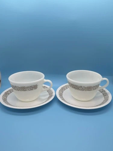Vintage Pyrex Corningware Corelle Woodland Brown Tea Cups Saucers Set Of 2