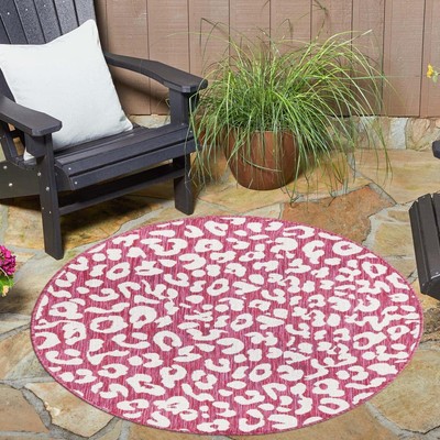 Outdoor Safari Collection Area Rug - Leopard (4' 1'' Round, Magenta/ Ivory)