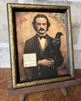 Edgar Allan Poe Portrait Print w/Raven & Quote Black & Gold Ornate Frame 11.5''