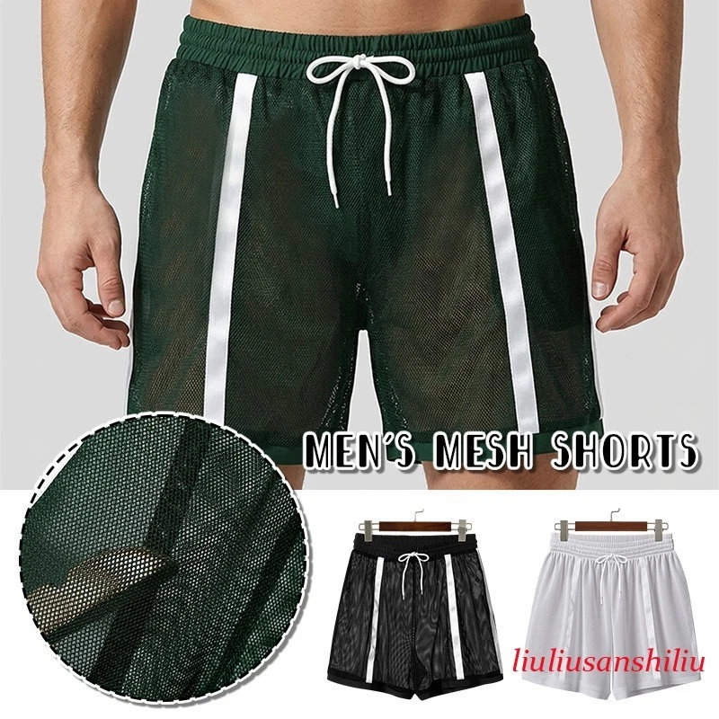 Men’s Workout Shorts Summer Drawstring Elastic Waist See-Through Running Shorts