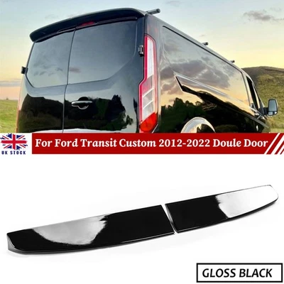 AUTOCLUB-UK FOR FORD TRANSIT CUSTOM 2012-22 GLOSS BLACK REAR TWIN BARN DOOR ROOF SPOILER LIP