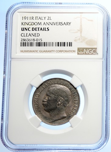1911 ITALY King Vittorio Emmanuel III Roma & Male Silver 2 Lire Coin NGC i106594 - Picture 3 of 5