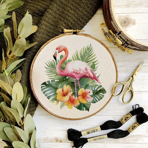 Flamingo in a Monstera Garden Counted Cross Stitch Pattern - Afbeelding 1 van 4