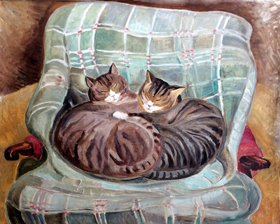 Brown Tabby Cats Resting on a Chair Fine Art Vintage Poster FREE S/H