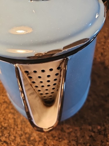 RARE Vintage Large Robin Egg Blue Enamelware Kettle 11.5x10” Wooden Wired Handle - Picture 5 of 19