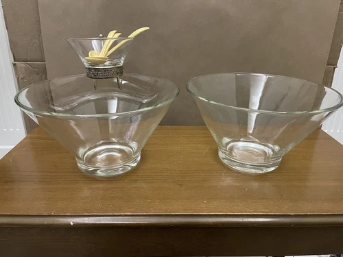 Anchor Hocking Clear Glass Chip And Dip Set With Holder & Extra Bowl With Spoons