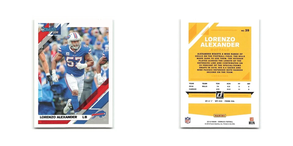Lorenzo Alexander 2019 Donruss #39 Buffalo Bills Football Card NM - Image 3 of 3