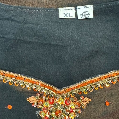 Vintage Beaded Sequined Sheer Tunic Top Size XL Black Multi Split Tie Sleeves - Picture 10 of 15
