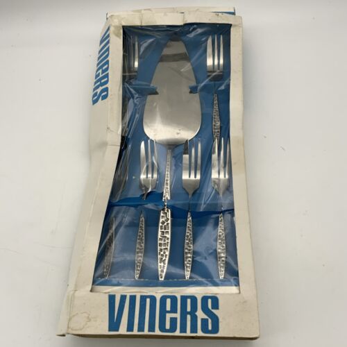 Vintage Viners Mosaic 7 Pce Pastry Set Cake Forks Slice Server Boxed Japan