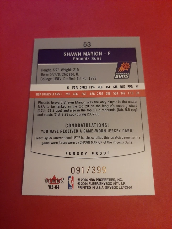 Camiseta Skybox Le 2003-04 prueba #53 Shawn Marion 091/399 Phoenix Suns Foto 2 de 2