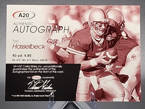 Tim Hasselbeck/200 2001 SAGE Rookie RC Auto Gold Washington Redskins SP - Imagen 2 de 3