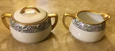 Vintage RS Germany Creamer and Lidded Sugar Gold Trimmed Signed W.C.