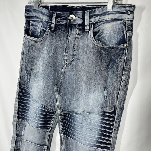 Southpole Jeans Ice Blue Skinny Ribbed Denim Distressed Biker Retro Men's 32x30 - Picture 2 of 13