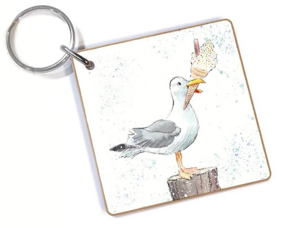 Cute Keyring Seagull Stealing Ice Cream - MDF Keychain Fob Double Sided Gift