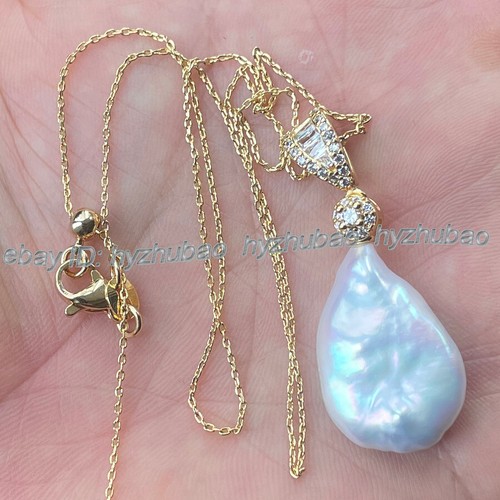 Natural South Sea White Flat Baroque Keshi Pearl Pendant Gold Chain Necklace AAA - Picture 20 of 30