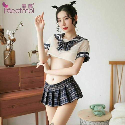 Mujeres Sexy Conjunto de Lencería Plisada Mini Falda Camisa Transparente Top Uniforme Japonés NR9 - Imagen 15 de 15