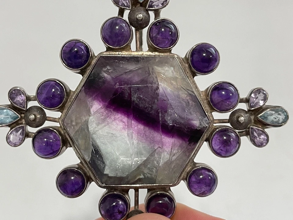 Antiguo colgante de plata esterlina Echos con cuarzo púrpura piedras transparentes y azules Foto 4 de 4