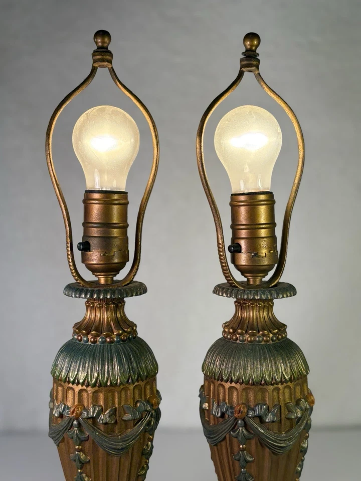 Vintage Pair Of 2 Art Deco Cast Iron Lamps With Ornate Floral Design WORKING!!! - Image 3 of 4