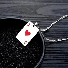 Ace of Hearts Necklace - Stainless Steel Poker Card Pendant, Blackjack Gamble